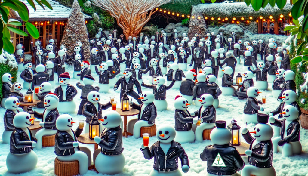 A crowd of snowmen wearing leather jackets.